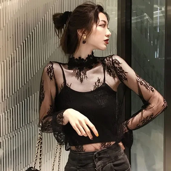 Women Blouse Lace Mesh Women's Autumn Micro Transparent Hollow Sexy Long Sleeve Turtleneck Top Women Blouse Shirts Ropa De Mujer