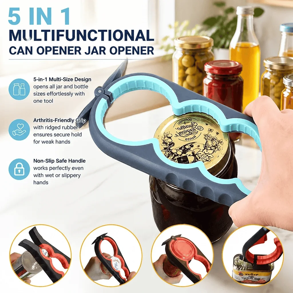Jar Opener 5 In 1 Bottle Opener Arthritis Aid Lid Gripper Kitchen Gadget For Seniors Non Slip Heavy Duty Ring Pull Assistant