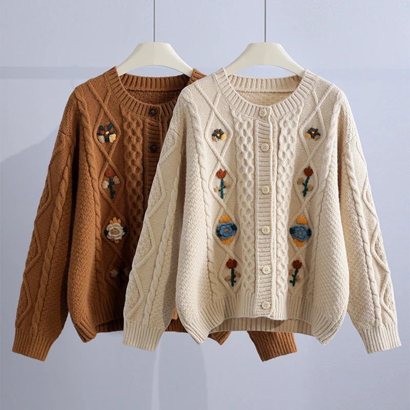 ABRINI Women Vintage Embroidery O-neck Sweater Cardigan Single Breasted Thickened Loose Knit Coat Fall Winter Warm Casual Coat
