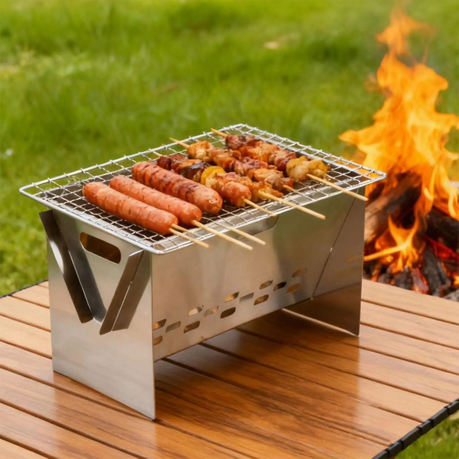 Griglia portatile Attrezzatura da cucina in acciaio inossidabile Griglia da campeggio portatile per falò Patio BBQ Cortile Cucina Picnic Beach