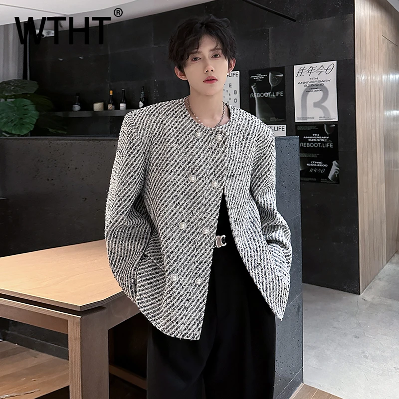 WTHT Trendy Men‘s Striped Pockets Shoulder Pads Coats Fashion 2025 Autumn Round Collar Double Breasted Jackets Male 2A2173