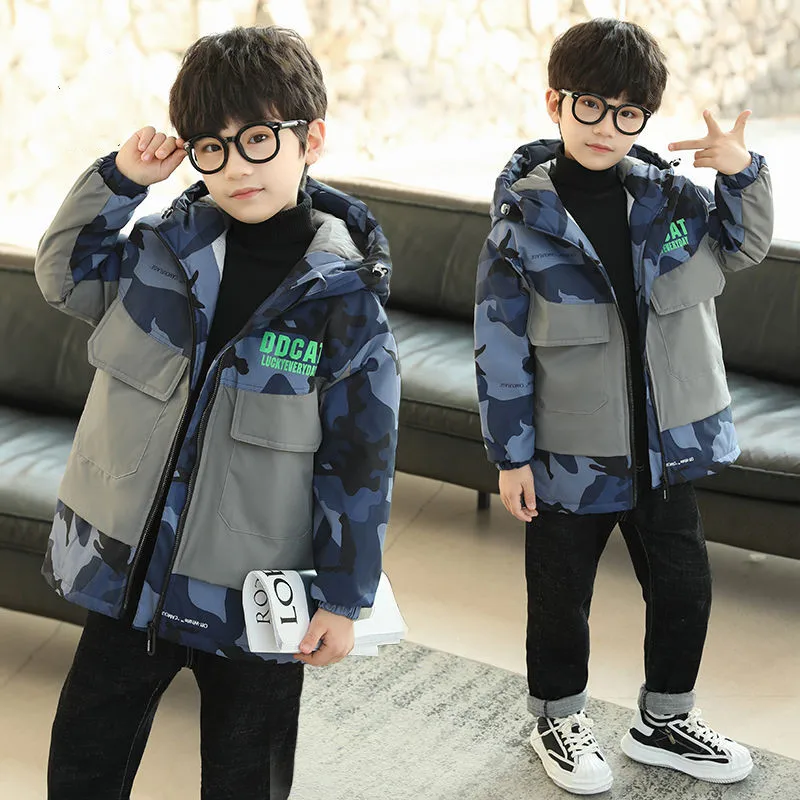 

Boy Clothes Plus Cotton Coat Autumn Winter Warm Jacket 2023 New Fashion Hooded Patchwork Camouflage Letter Print Overcoat