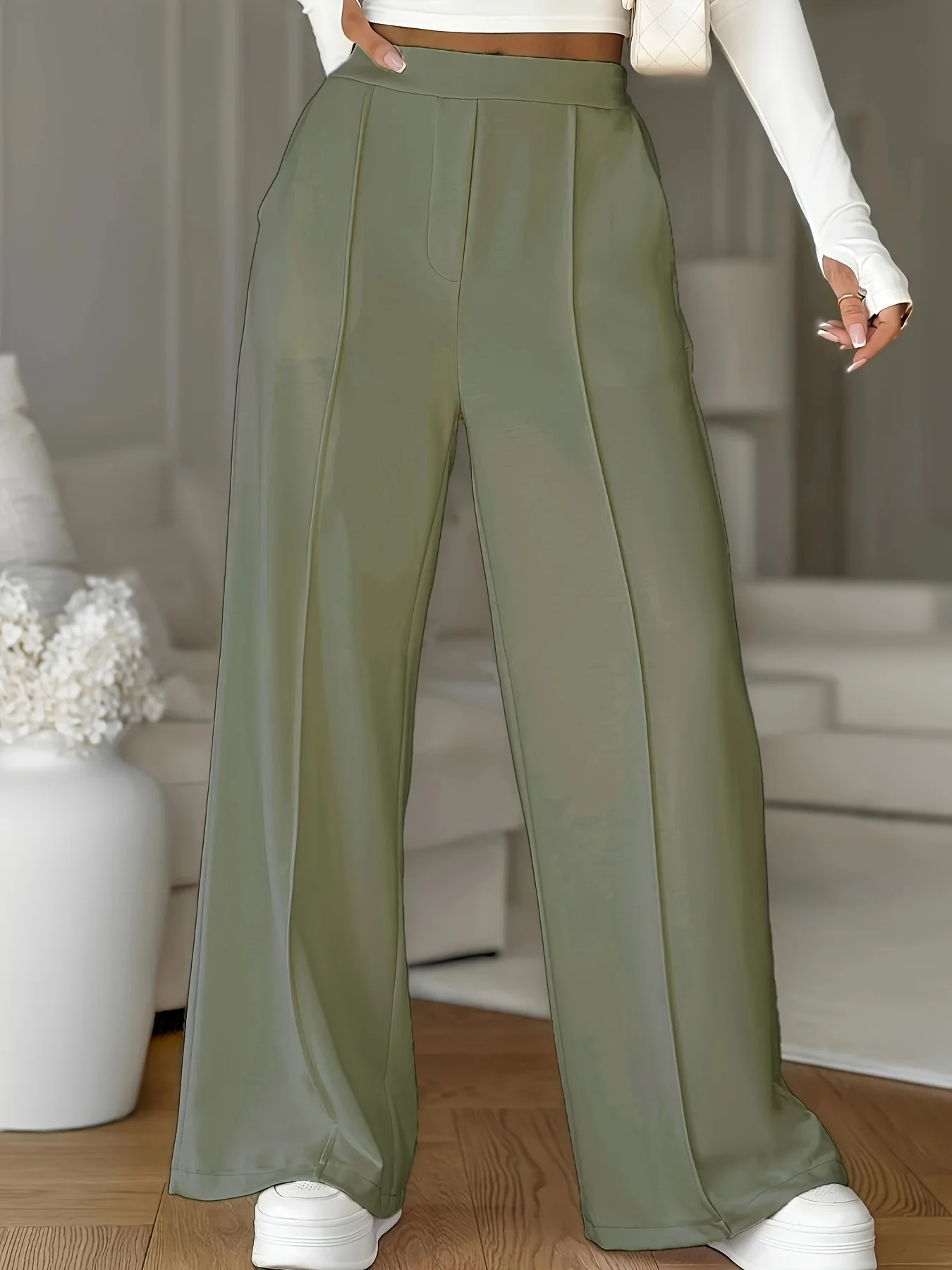 

Оливковый драбин Женские тканые однотонные повседневные брюки оливкового цвета оливкового цвета с драпировкой оливкового цвета