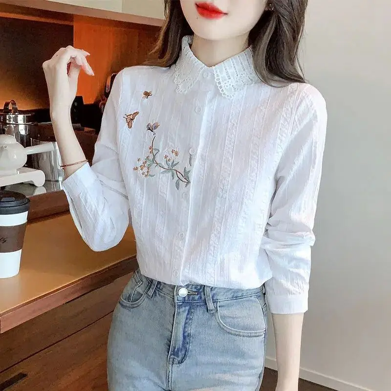 Pure Cotton Embroidered Large Size Shirt for Women Long Sleeves New Women Fashionable Lace Retro Versatile Cardigan