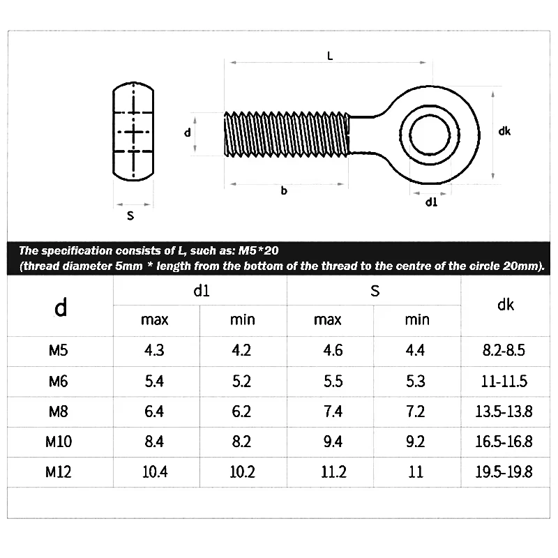 304 Stainless Steel Ring Link Bolt M5 M6 M8M10 Fisheye Eye Slip Hole Screw,Full Thread Machinery Shoulder Swing Lifting Eye Bolt
