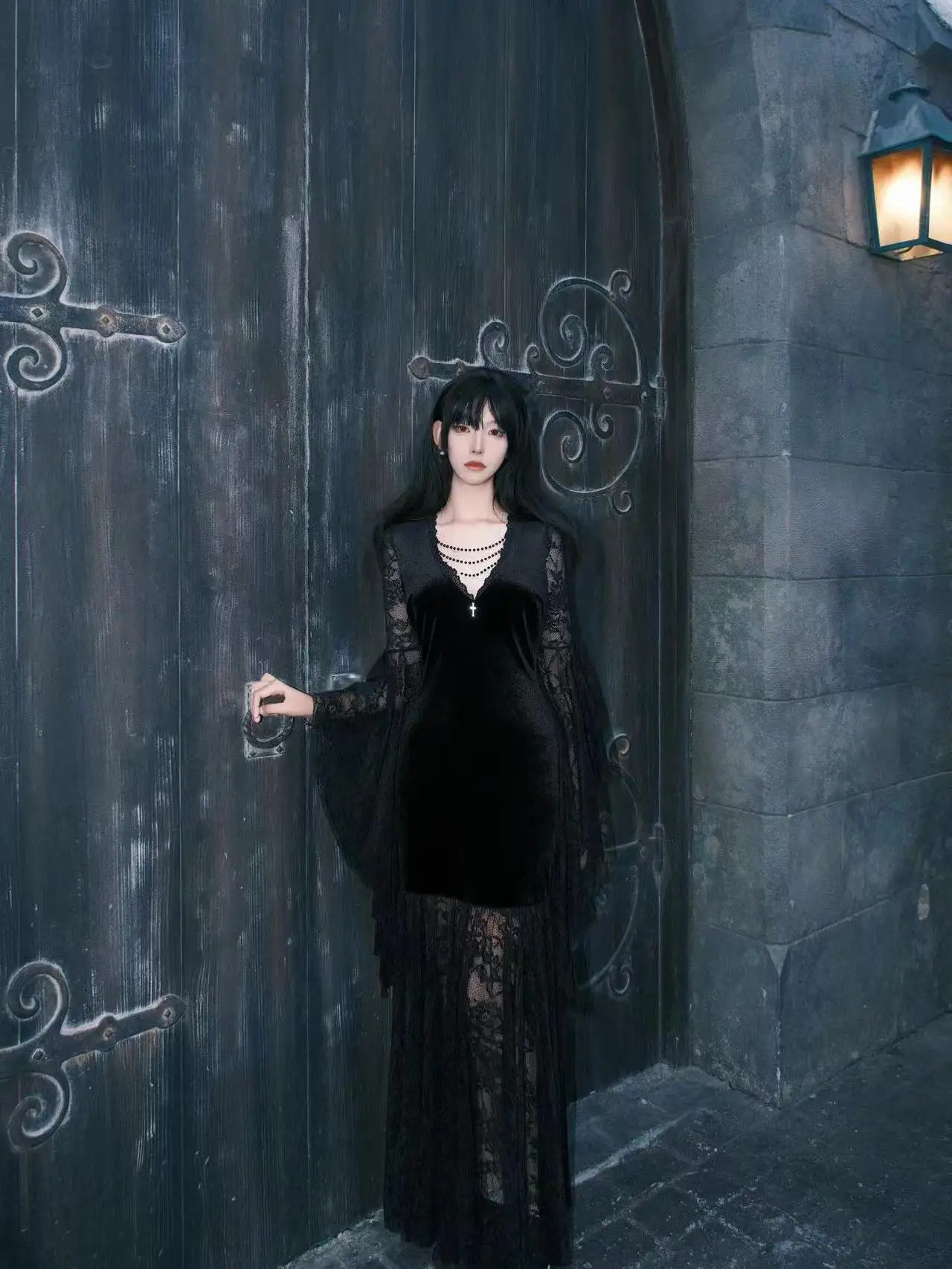 القوطية Sle المخملية الدانتيل Dr k سلسلة ريترو Bla Dr loween مكافحة الثقافة عالية الخصر طويلة Sve V-Ne Y-ape... #2