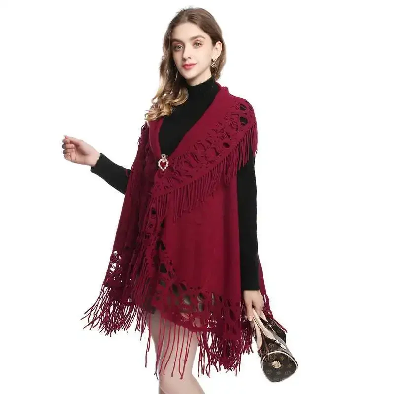 Spring Autumn New Women Loose Tassel Sweater Multi-purpose Scarf Cardigan Thin Jacquard Shawl Coat Lady Cloak Red