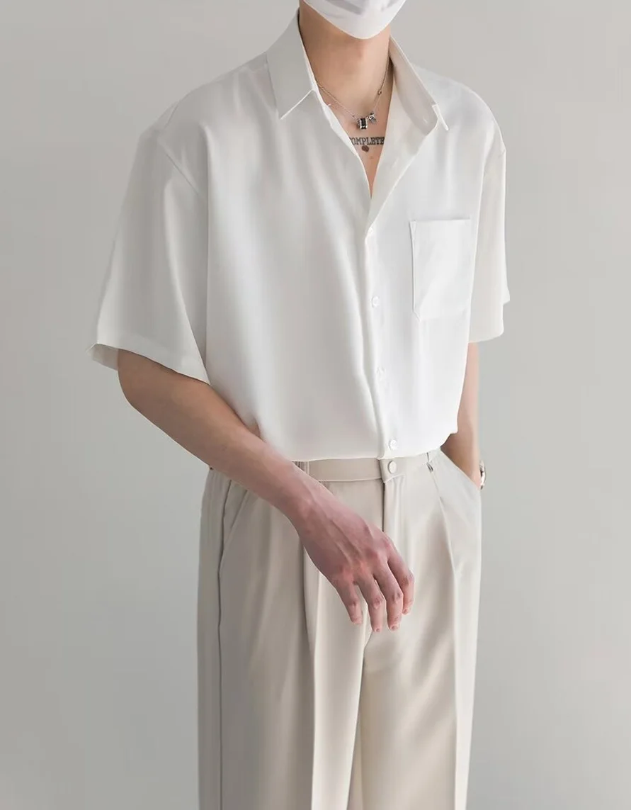 

Мужская свободная рубашка из ледяного шелка и шифона, молодежная модная модель, не требующая глажки, летняя тонкая, с острым воротником, однотонная.