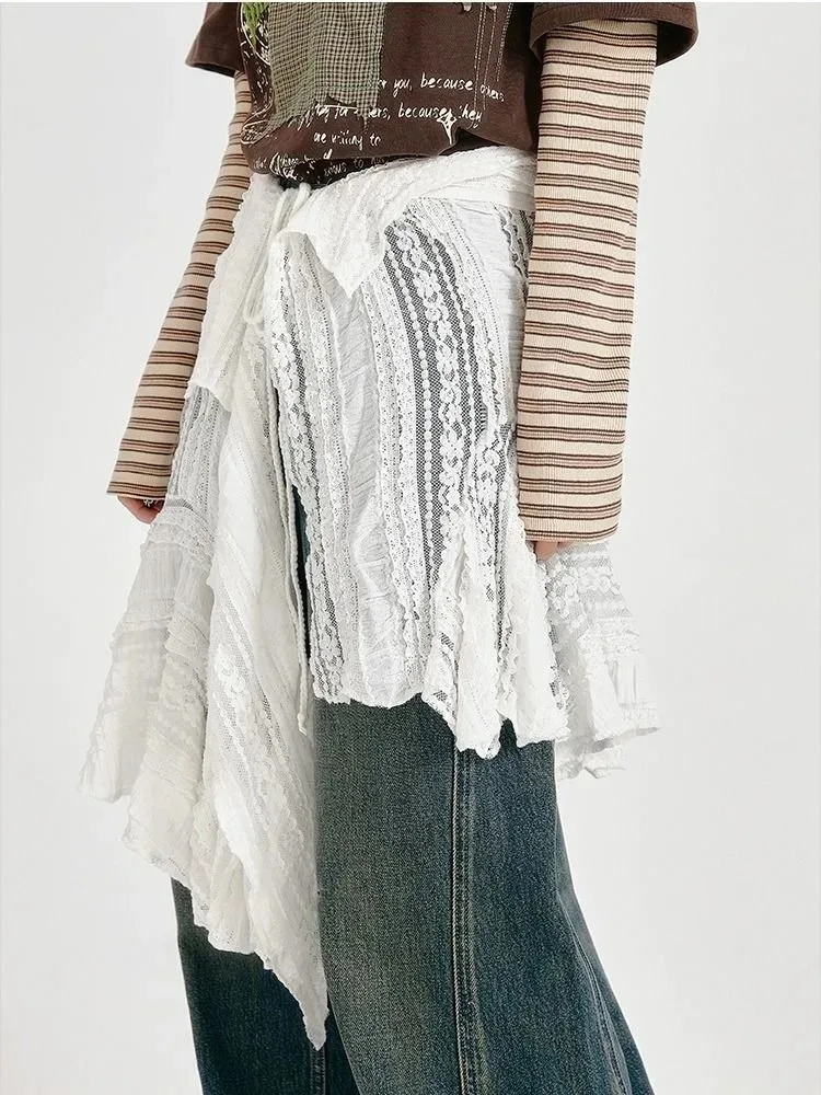American Retro White Lace Skirt Women Irregular Bandage Pleated All Match Skirt Ladies Spring Autumn New Korean Fashion Clothing