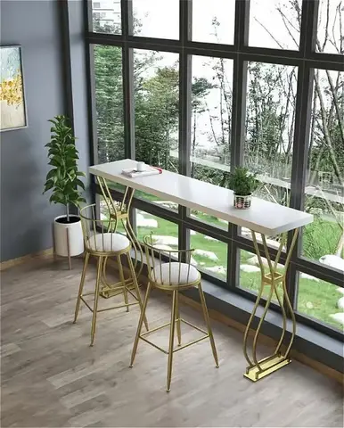 （VIP1999）Luxury Solid Wood Bar Table Home Milk Tea Shop Wall Long Table High Table Wrought Iron Chair Combination