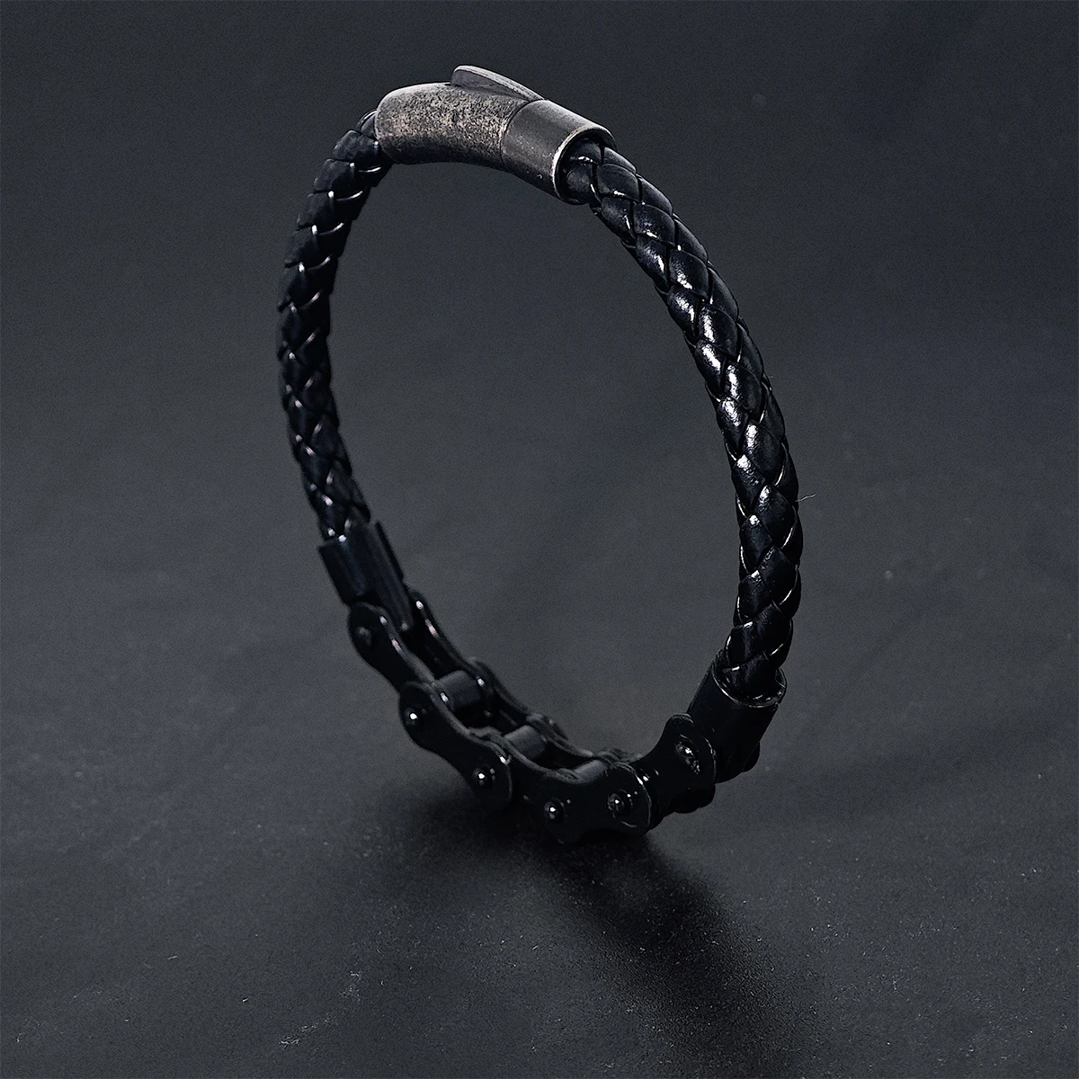 Retro Punk Bike Chain Hand Woven Leather Bracelet with Metal Buckle for Men Motorcyclist Rock Party Jewelry Gift