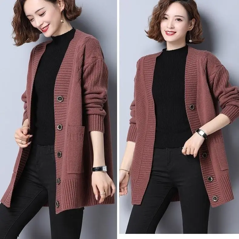 Knitted Cardigan Women\'s Mid to Long Style Stylish Outerwear Autumn and Winter New Style Loose Sweater Thick Coat for Women