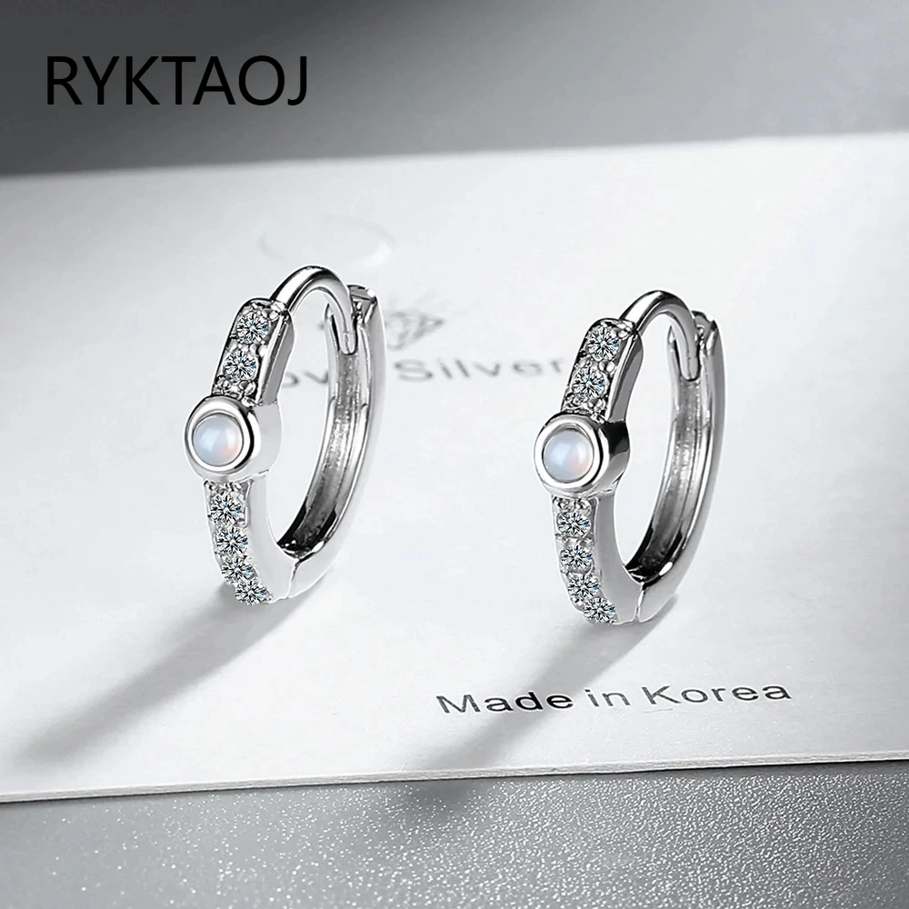 925 Sterling Silver Huggie Earrings for Women, 5A CZ Pave Hoop with Moonstone Effect Center Stone, Elegant Wedding Jewelry Gift