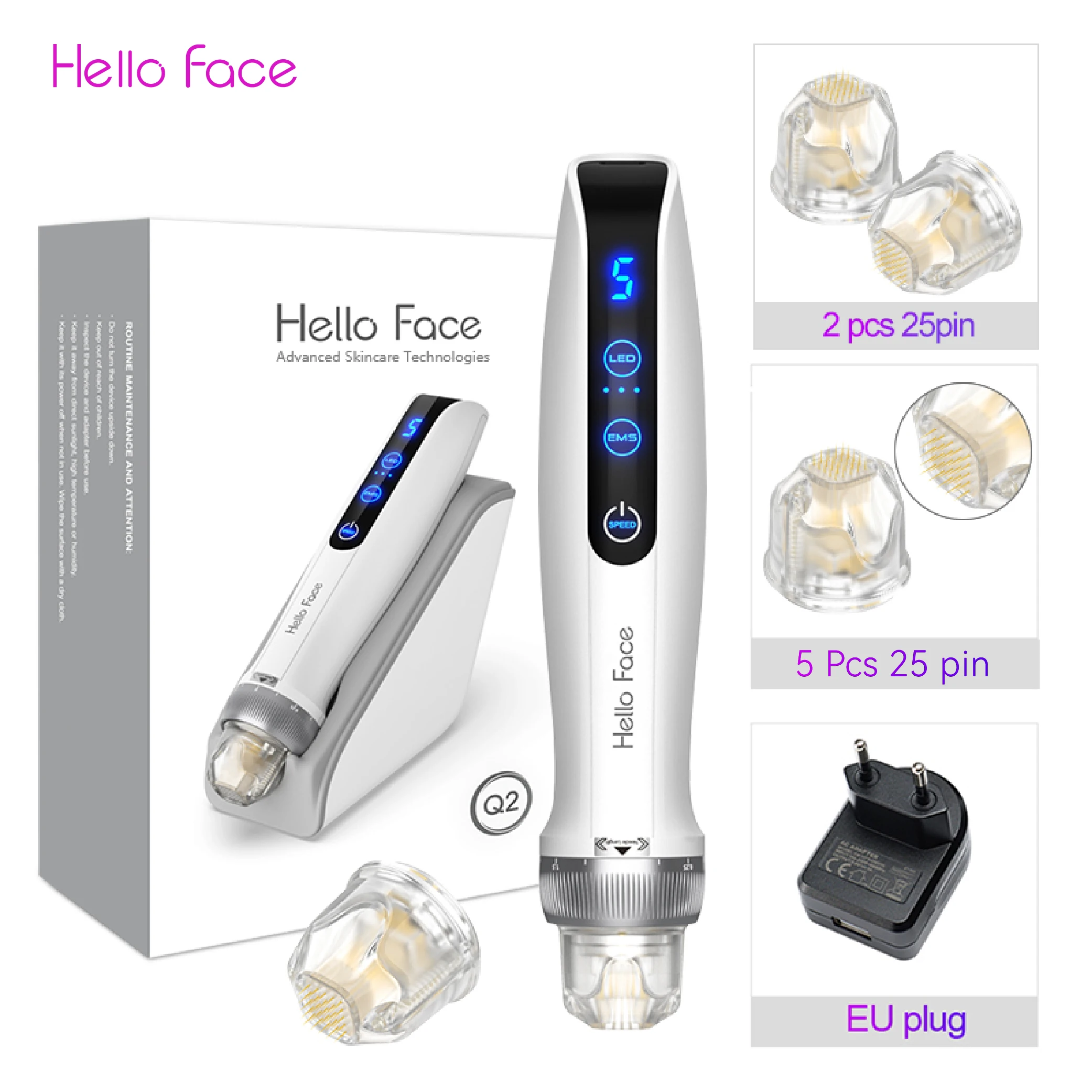 Hello Face Microneedling Pen Q2 Bio-Stift mit 7 Stück Titannadel, professioneller Derma-Stift, EMS-Therapiegerät für rotes und blaues Licht 6
