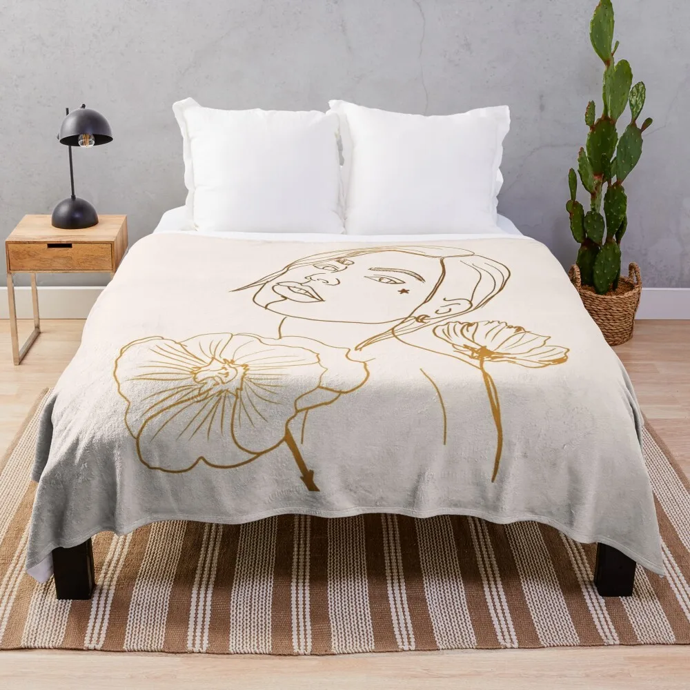 

Golden Line art of a Beautiful woman with flowers Throw Blanket Warm fluffy Blankets