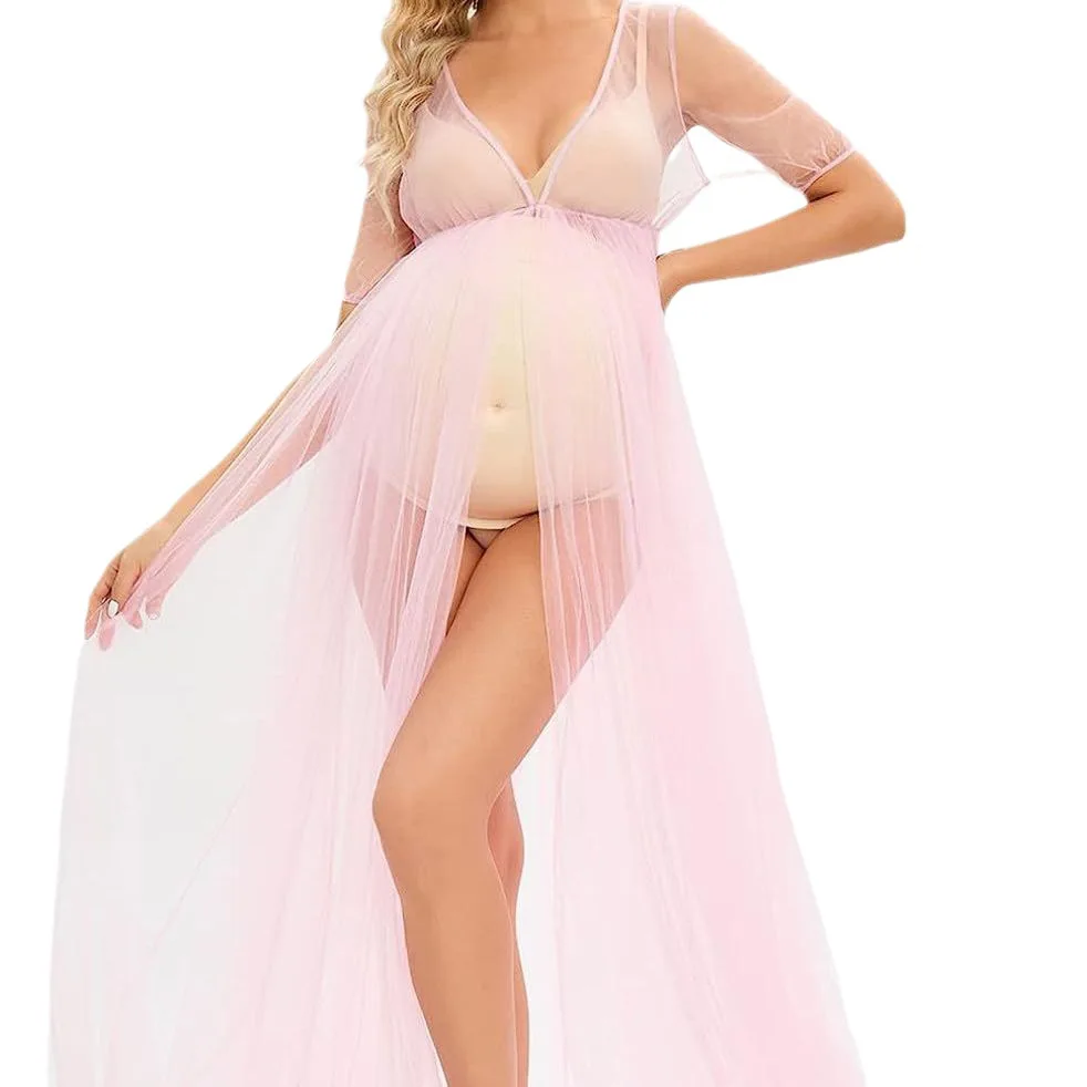 Pink Maternity Dresses Photoshoot Sexy Deep V-neck Pregnant Photography Session Dress For Women\'s Pregnancy Tulle Baby Maxi Gown