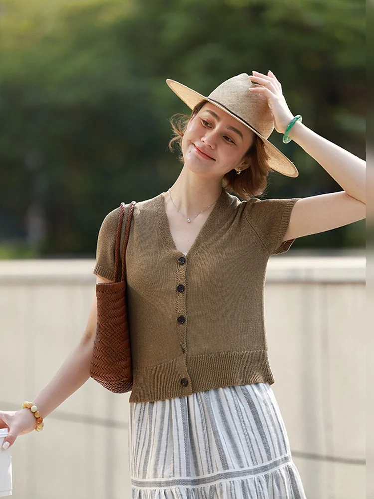 

WinnieTang Lenzing Linen Breathable Skin-friendly Knitwear V-ne ort-sve Slimming Open-cardigan Versatile Top