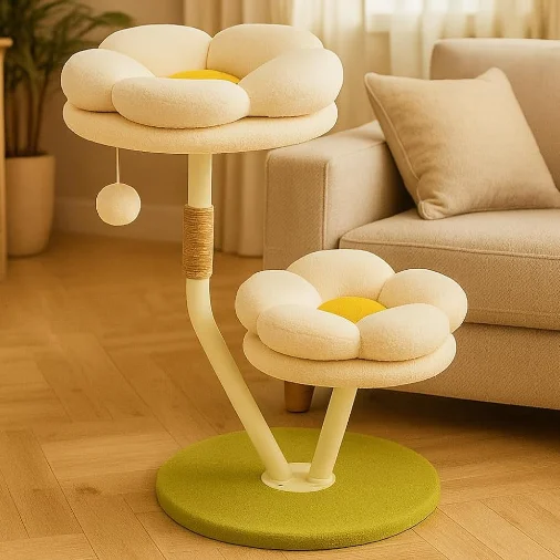 cat-furniture-16-daisy-flower-tree-tower-condo-with-steel-frame-soft-plush-beds-and-scratching-post-toy-for-indoor