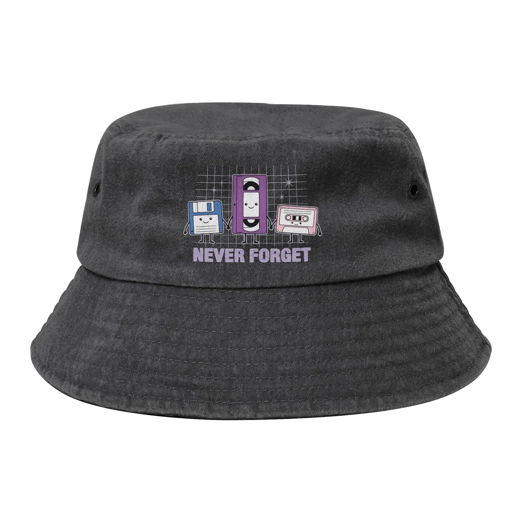Funny Never Forget Kawaii Retro 90s Tech Bucket Hat Unisex Outdoor Sports  Distressed Denim Fisherman Cap Hot Summer Bob