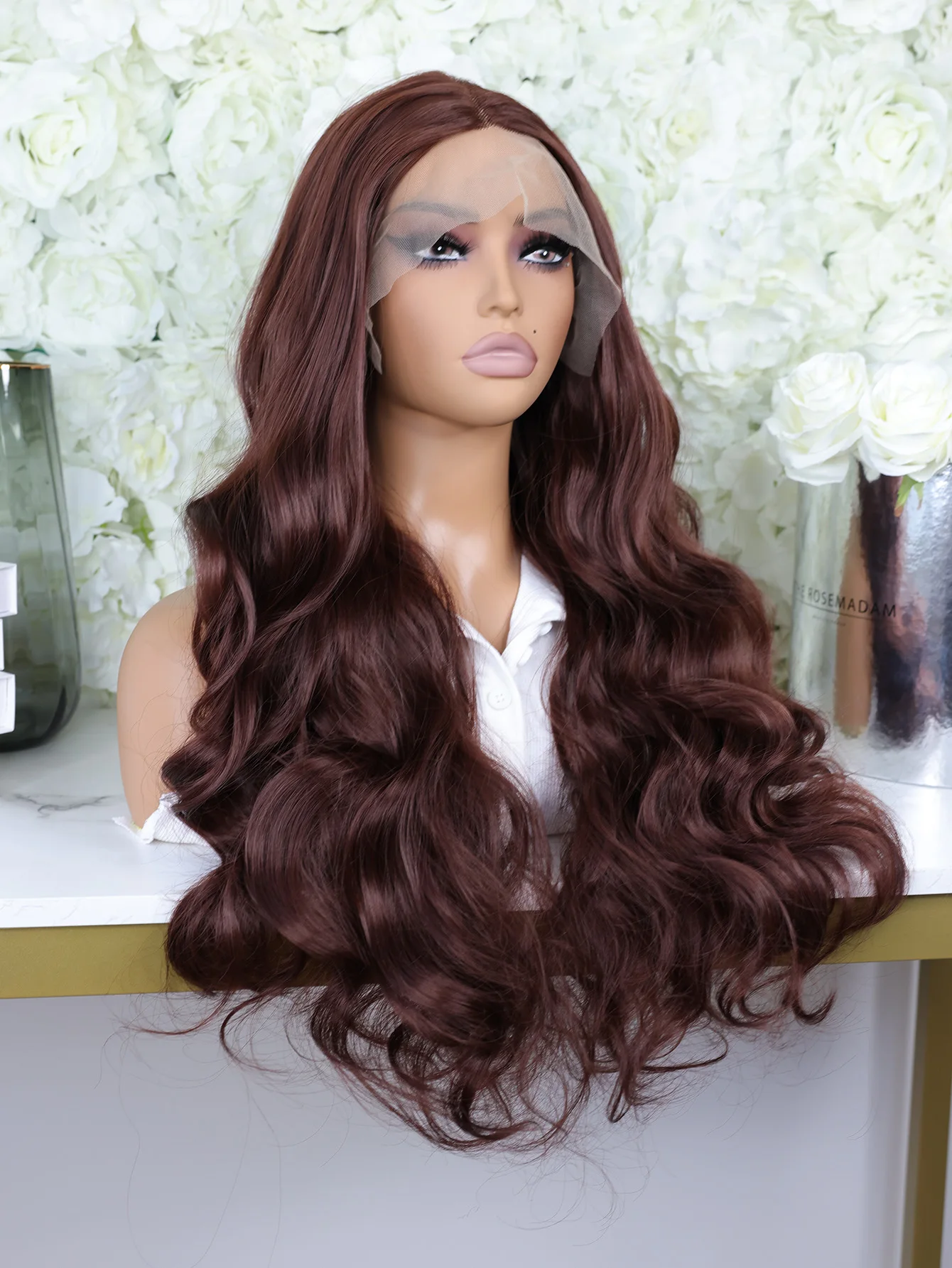 Reddish Brown Color Long Body Wave Lace Front Part Synthetic Wig For Women Cosplay Daily Party Preplucked Bleach Knots Glueless