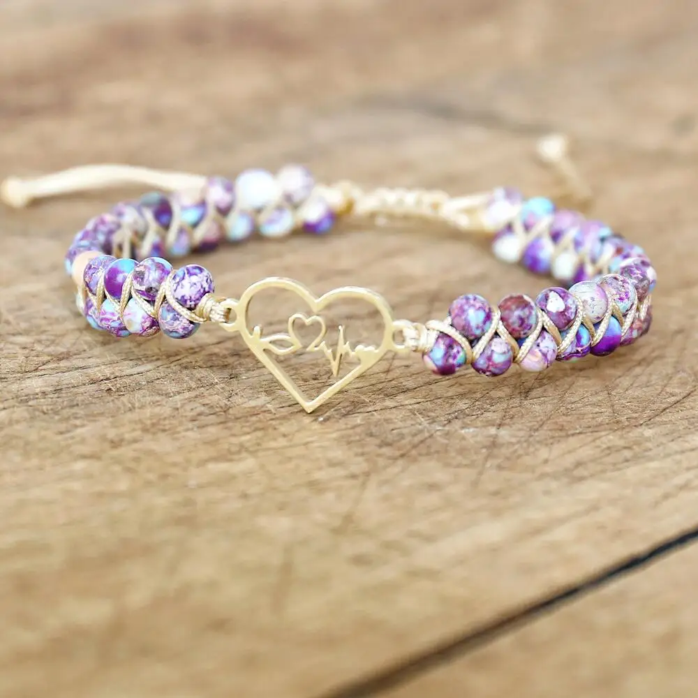 Women Handmade Jewelry 4mm Natural Stone Beads Heart Shape Braided Bracelet Double Layer Strand Beaded Charm Bracelet