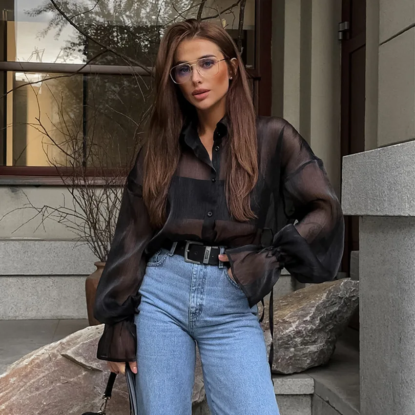 New Fashion See Through Blouses Women Streetwear Black Sexy mesh Blouse Shirt Chic Twomen Shirt Tops