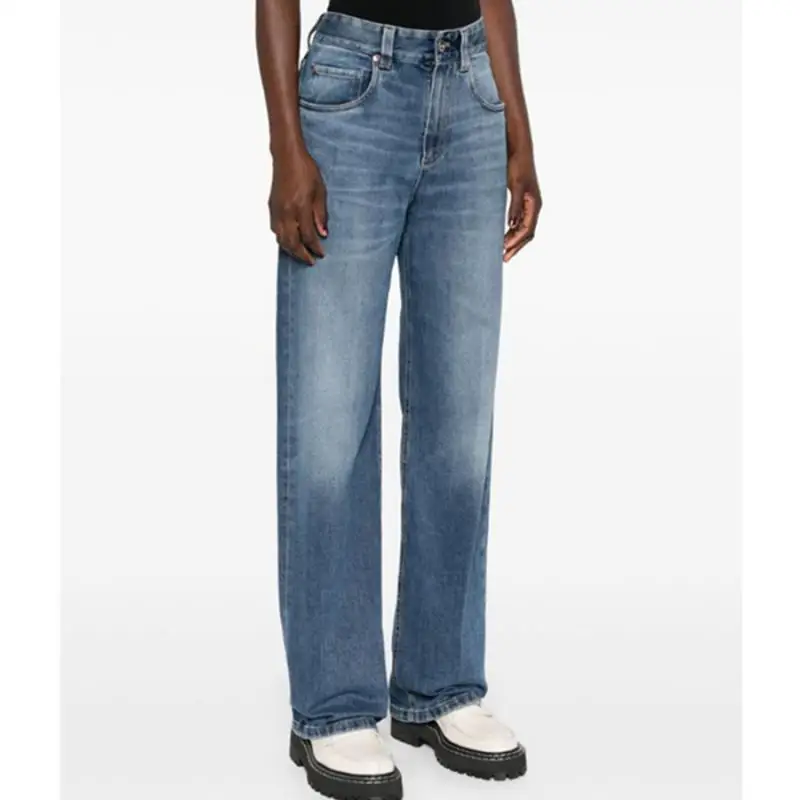 Dave&di Vintage Mom Jeans Minimalist Pure Cotton Comfortable High Waisted Deep Blue Mid Line Straight Leg Denim Pants For Woman