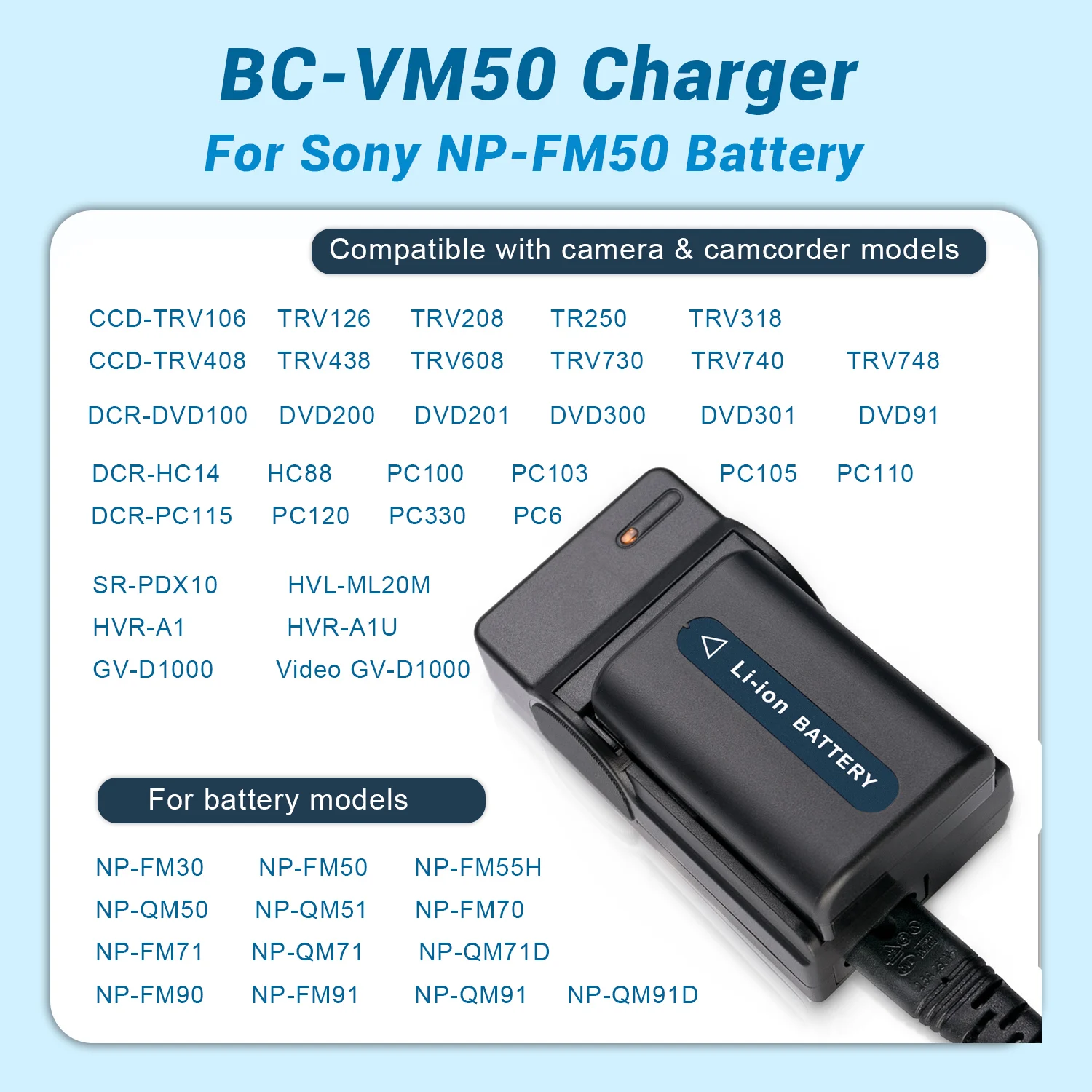 für Sony NP-FM30, FM50, FM55H, QM50, QM51, FM70, FM71, QM71, QM71D, FM90, FM91, QM91, QM91D Akkuladegerät BC-VM50 – Detail 5