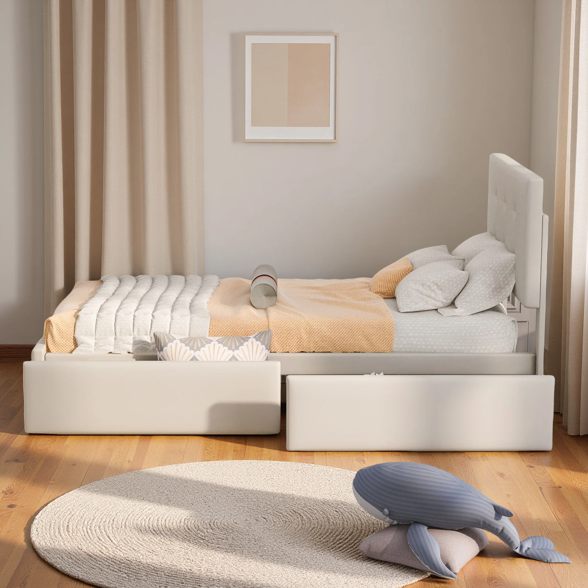 Rosahqnda Cama tapizada 90 x 200 cm,Cama individual con 2 cajones,Sirón de cama,Tecero ajustable,para adolescentes,Terciopelo,Beige