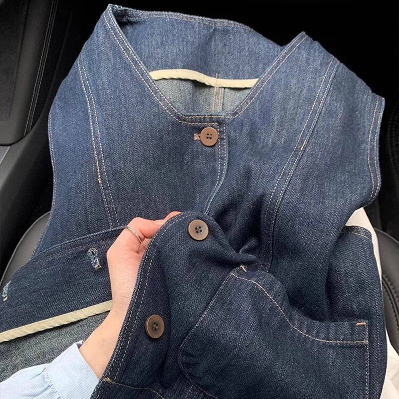 

Vintage Dark Blue Denim Vests Single Breasted Fashion Classic Versatile Vest High-grade Loose Round Neck Vests For Women