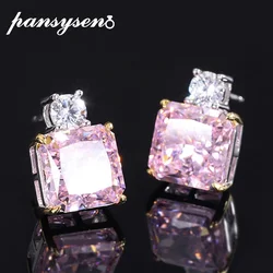 PANSYSEN 925 Sterling Silver 10MM Radiant Cut Pink Green High Carbon Diamond Gemstone Wedding Party Stud Earrings for Women Gift