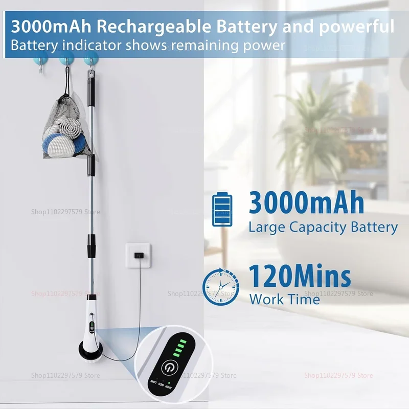 Depurador giratorio eléctrico 9 en 1, cepillo de limpieza inalámbrico, depurador de ducha, mango de extensión ajustable, resistente al agua para suelo de azulejos y bañera