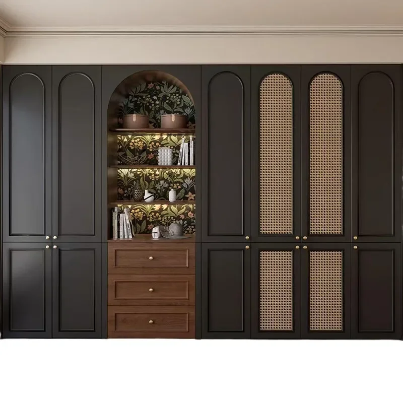 for French Retro Style ENF Grade Ousong Solid Wood Granular Board Household Bedroom Combination Wardrobe Small Apartment