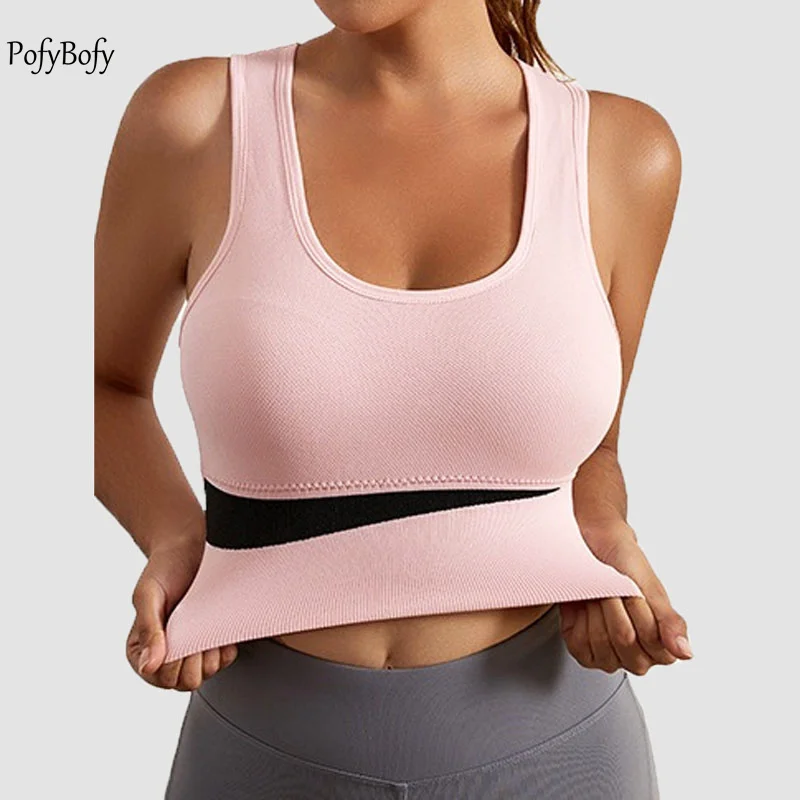

PofyBofy Wirefree Removable Padded Racerback Sports Yoga Bra Crop Top with Built in Bra Fitness Workout Gym Running Bralettes