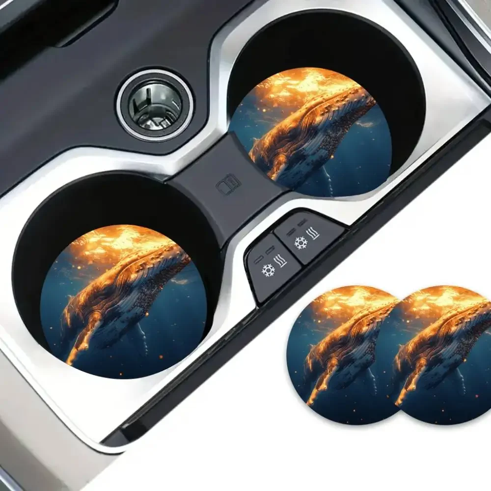 Whimsical Whale Silhouette EVA Car Cup Holder Coasters 2-Pack 2.75＂ Diameter Durable Vehicle Drink Mats Decor & Gift