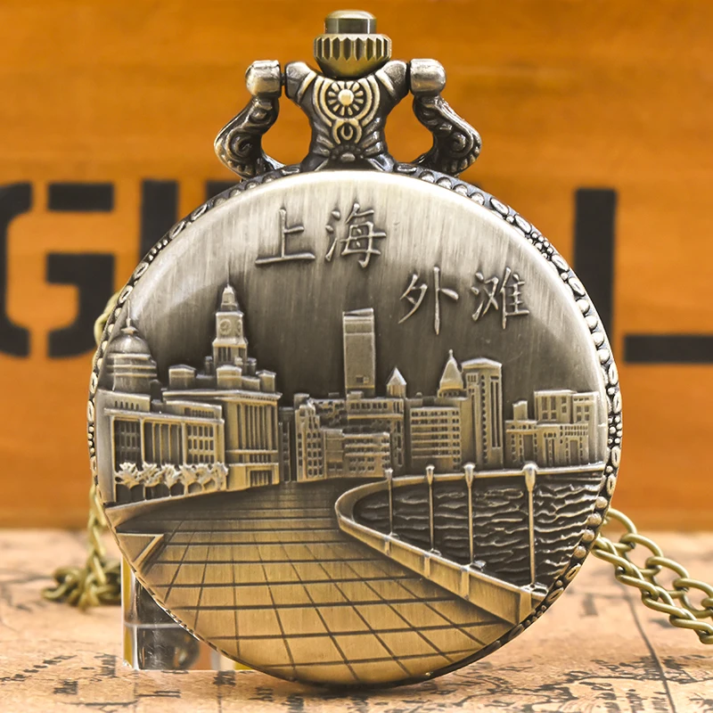 خمر البرونزية Steampunk شنغهاي الجذب منحوتة ساعة جيب كوارتز قلادة قلادة ساعة سلسلة الرجال سلسلة نسائية هدية