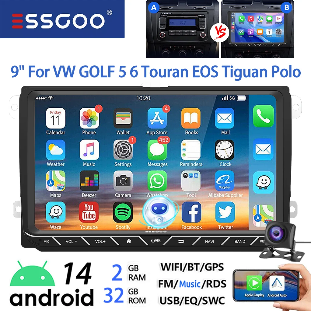 ESSGOO Android 14 Autoradio 9" 4+64GB CarPlay voor VW Golf 5 6 Passat B6 B7 Polo 6R Touran Tiguan Caddy EOS Jetta T5 Seat Skoda GPS Navigatie WIFI FM Bluetooth RDS Touchscreen Mirror Link