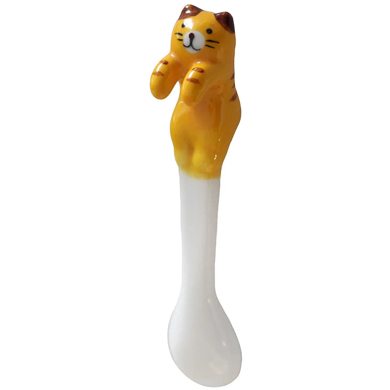 Soft Cute Hand-Painted Cat Coffee Hanging Ear Mixing spoon Creative Three-Dimensional Ceramic Spoon Short Handle Dessert Spoon