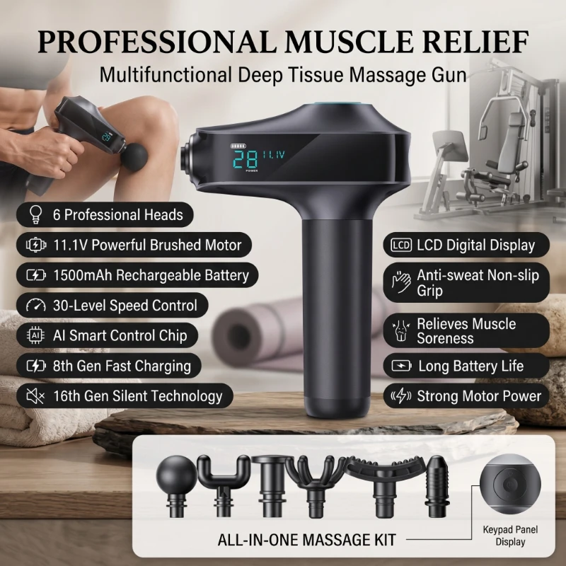 LCD Button-operated Massage Tissue Muscle Fascia Gun 30 Gears Percussion Massager 1500mAh Deep Tissue Massage Gun with 6 Heads