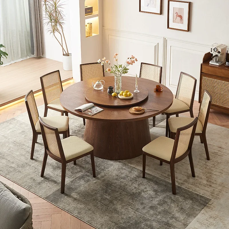 #Nordic Solid Wood Round Dining Table with Turntable and Rattan Chair Set for Home Use