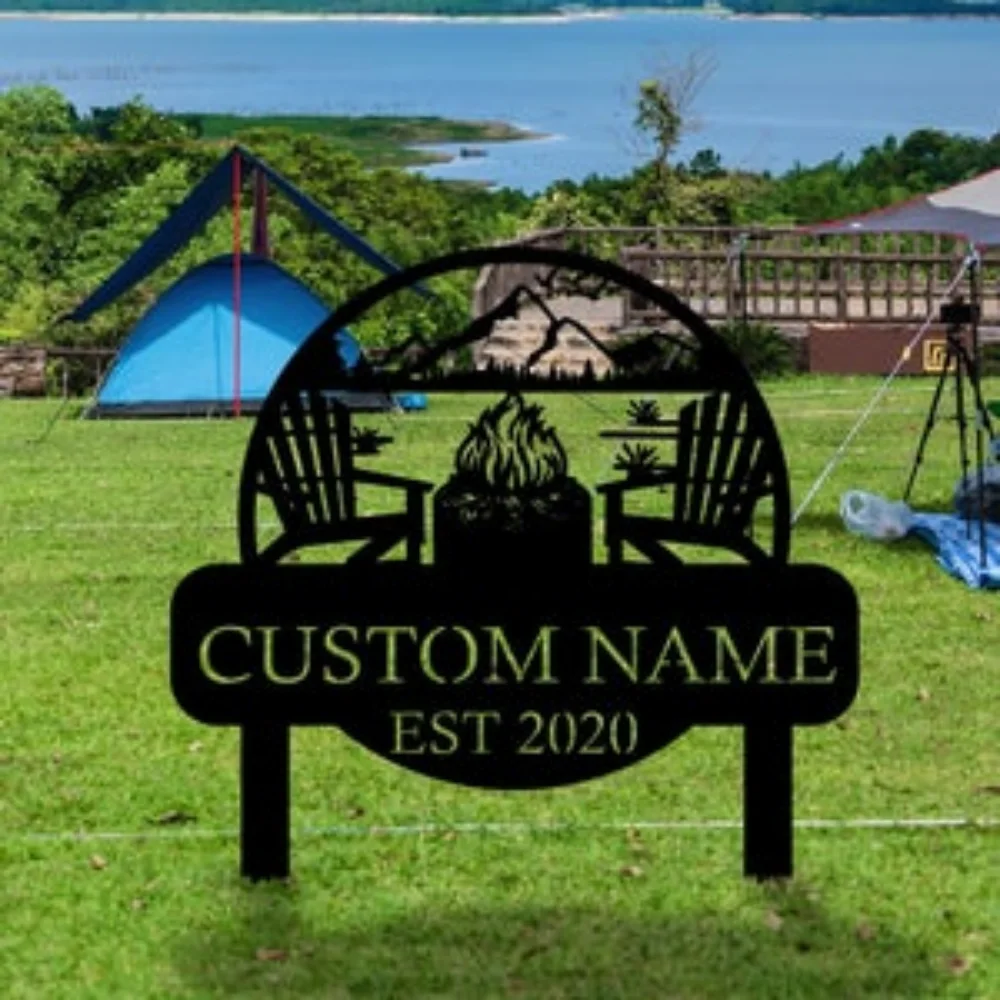 

Custom Metal Campfire Sign Stakes Personalized Cabin Decor Camp Outdoor Gift Name Sign Farmhouse Indicator Adventure Charm