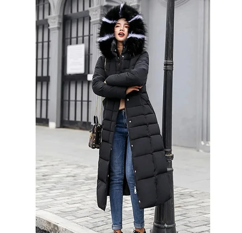 여성용 코튼 파카 코트 신상 겨울 무릎 위 길이 루즈핏 큰 털 카라 후드 따뜻한 두꺼운 패딩 오버코트