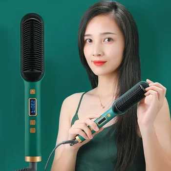 Image 2 In 1 Electric Professional Negative Ion Hair Straightener Brush Curling Comb with Lcd Display Hair Curling Tool Straight Brush