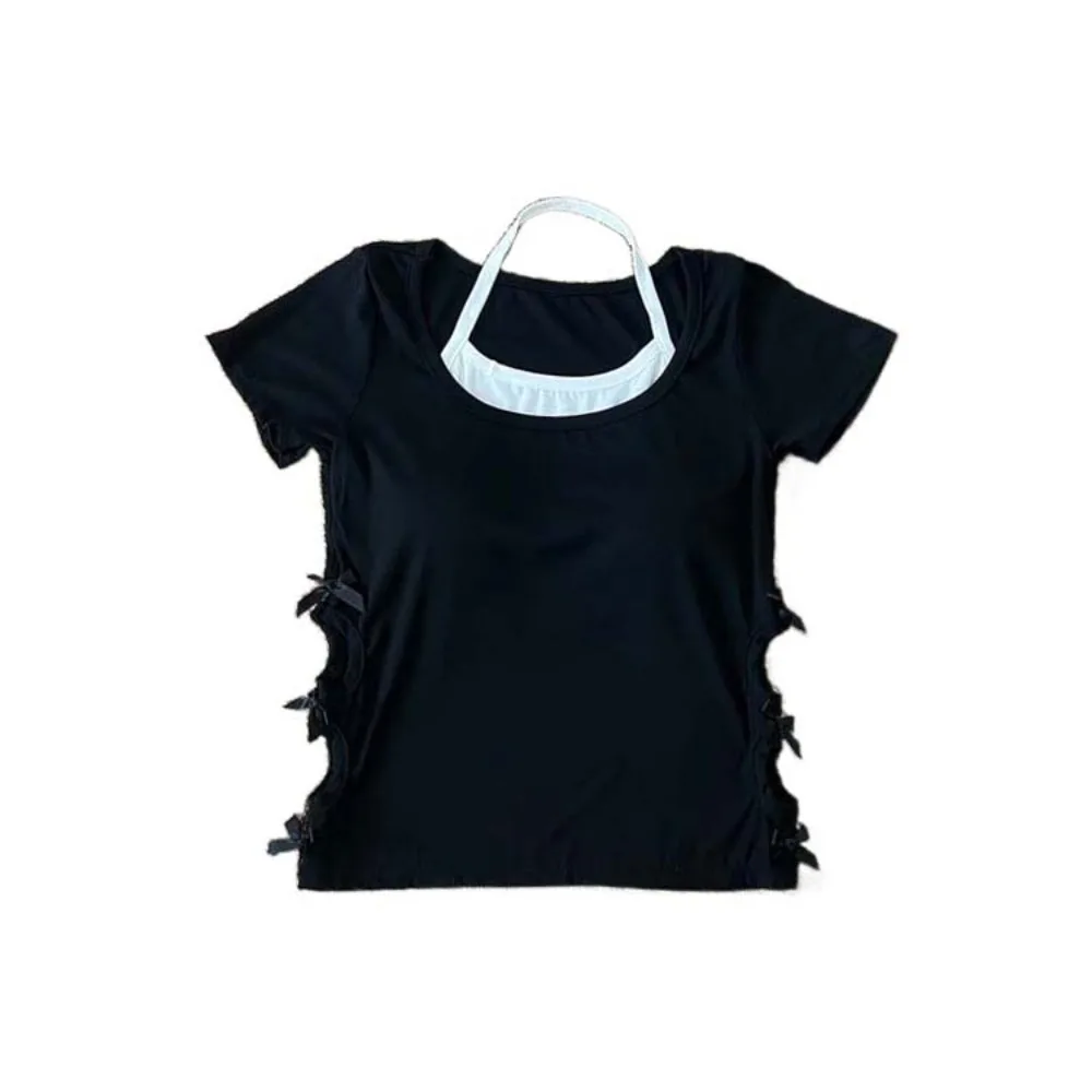 

Fashion Bowknot Fake Two Pieces T-shirt Hollow Slim Fit Halter T-shirt Women Undershirts Pullover Y2K Crop Tops Girls