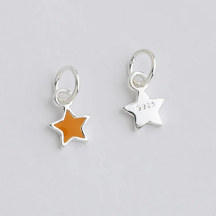 1pc 925 Sterling Silver Painting Orange Star Circle Pendants 9x6mm Women Men Earrings Neckalce Silver Drop Charms DIY Jewelry