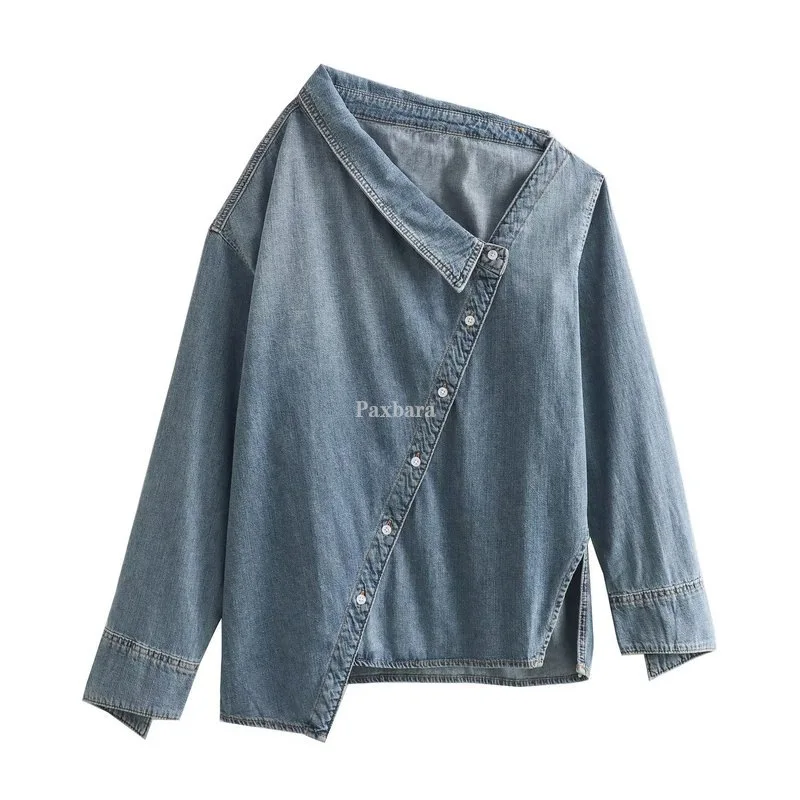Luxury Women's Clothes Denim Shirt for Women Streetwear Asymmetric Lapel Slanted Hem Single-Breasted Gradient Distressed Blouses