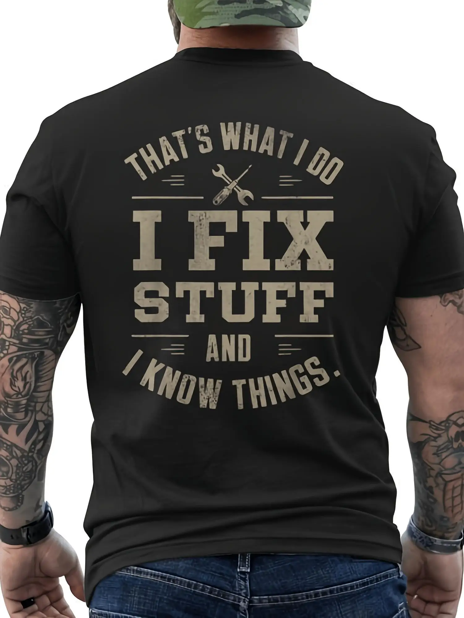 That'S What I Do I Fix Stuff and I Know Things Father'S Day Men'S Back Print T Shirt Holiday Shoppers Streetwear Fashion Cartoon Print Breathable Material Round Neck Holiday Shoppers, Short Sleeve Versatile and Comfortable for Casual Wear