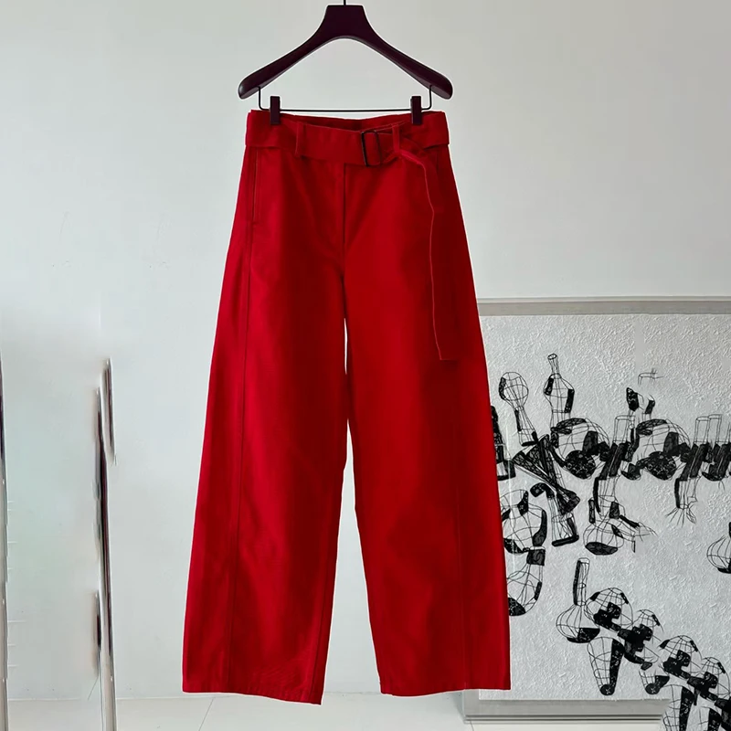 Ladies' simple jeans, red wide-leg pants with belt decoration, fashionable and versatile long pants, high quality, new style,
