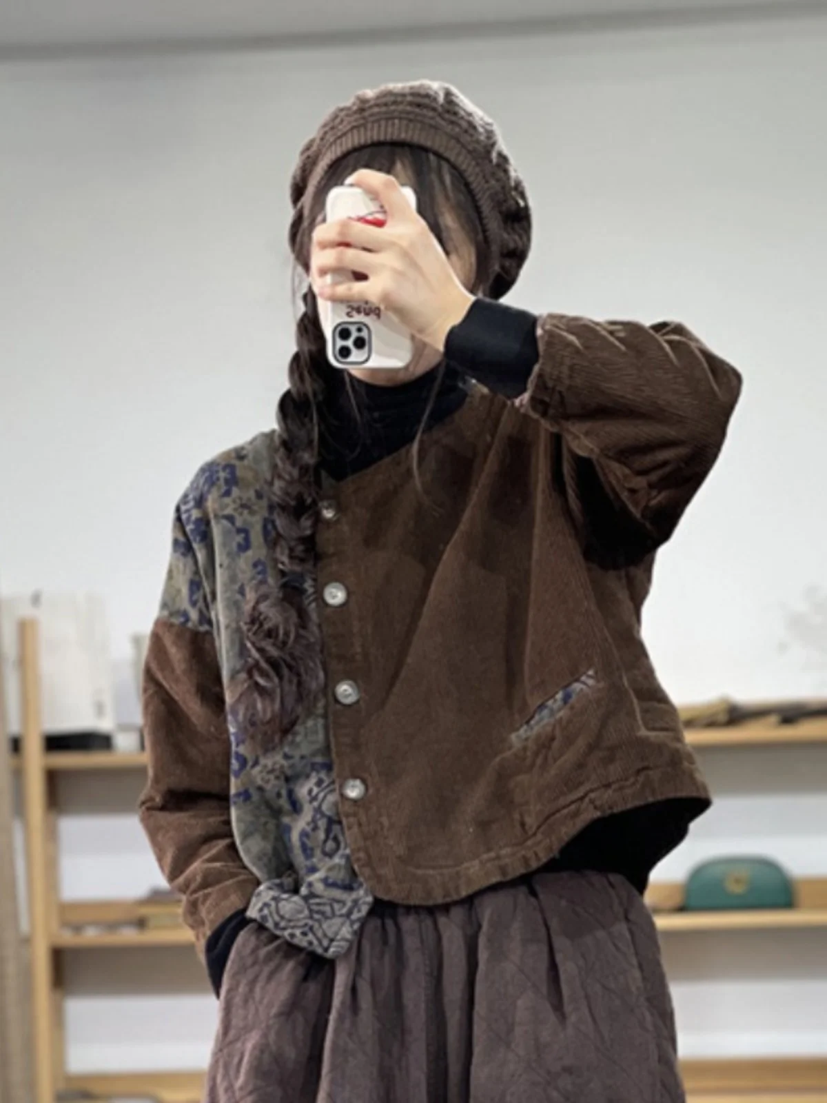 Corduroy ort Cotton Jaet Women's Ethnic Sle Color Blo Print Asymmetrical Cotton Clothes Warmth Faionable Winter Coat