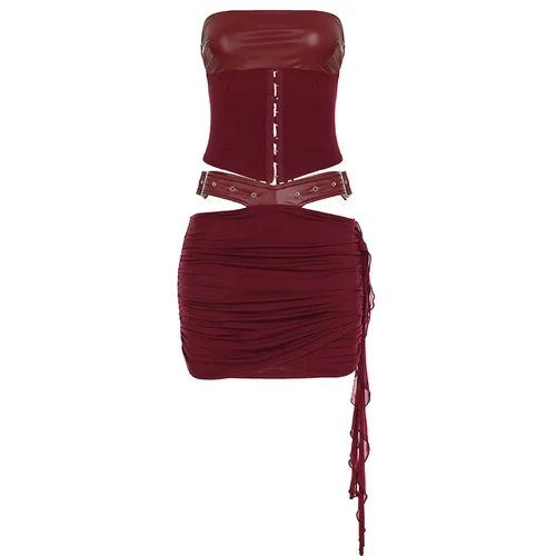 DSMTRC-Conjunto Vintage de 2 piezas de piel sintética para mujer, traje corto sin tirantes + Mini faldas caladas, traje a juego para fiesta de Club de medianoche